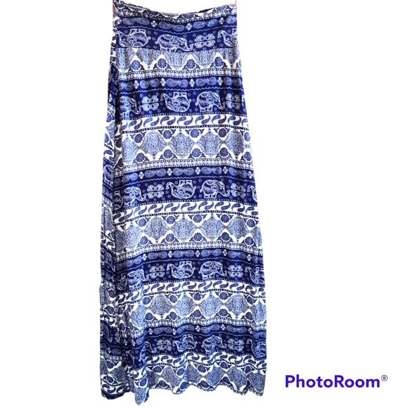 Kirious Women's Boho Blue & White Paisley Print Flowy Stretchy Maxi Skirt S/M - Picture 6 of 6